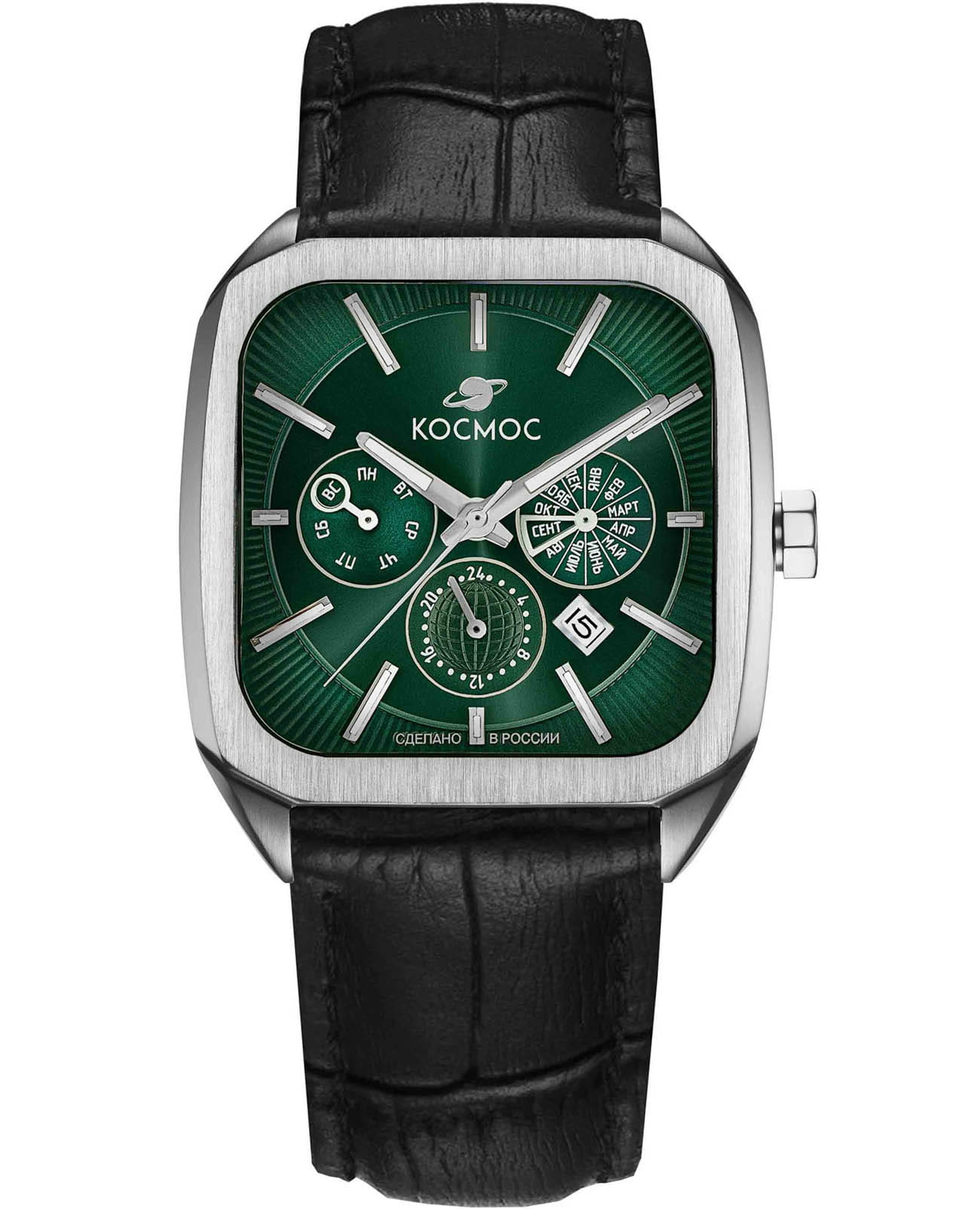 Космос Космос Марсоход II K 219.11.37  K 219.11.37 механические мужские часы зеленый циферблат, браслет кожаный — вид спереди